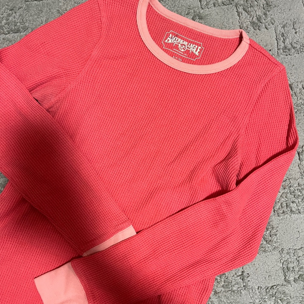 American Eagle Coral Pink Waffle Knit Long Sleeve Top